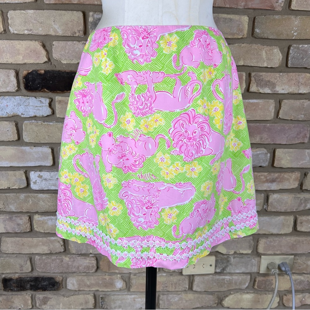 LILLY PULITZER vintage pink green yellow mini skirt in frolicking lions print